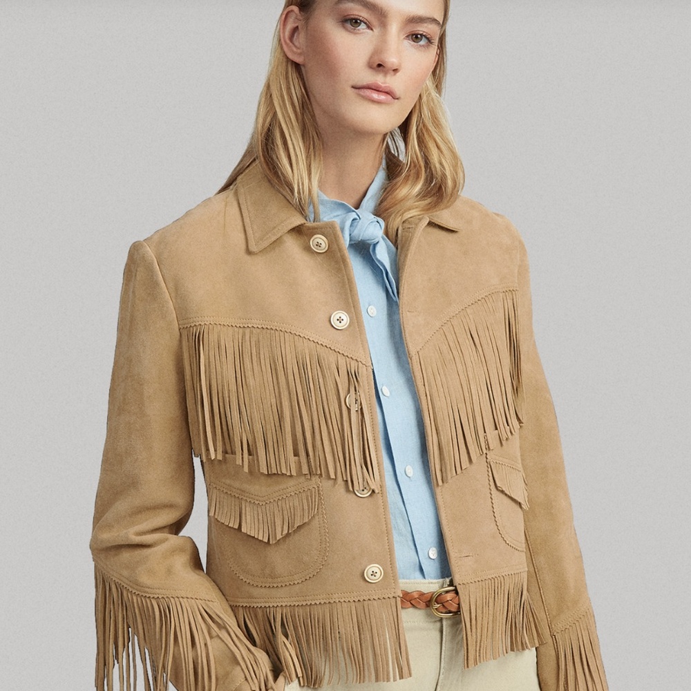 Polo by Ralph Lauren Fringe Trim Suede Western Jacket, Size S, Tan